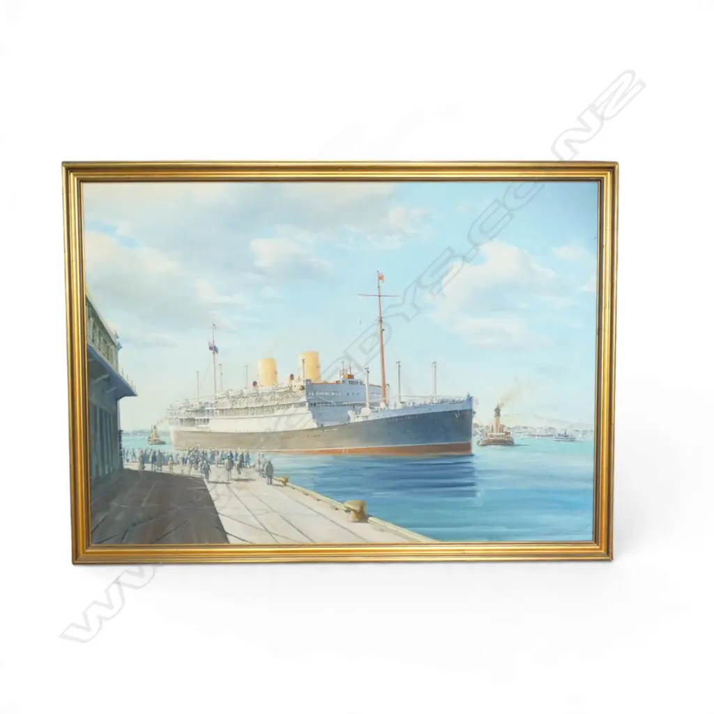 RICHARD BAKER (NZ1928-2004) RANGITANE IN AUCKLAND HARBOUR (Historical view) OIL ON CANVAS. SIGNED 1992. 750x1050mm Image 1++