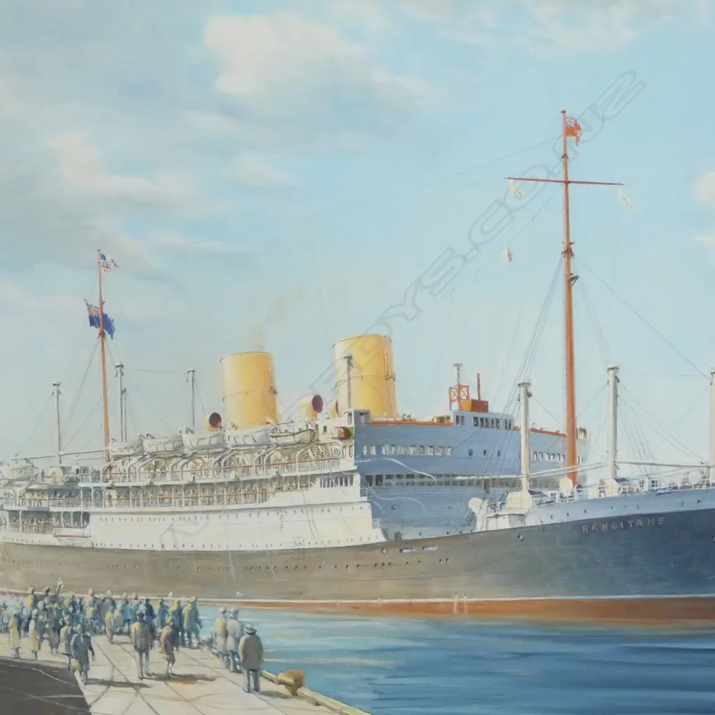 RICHARD BAKER (NZ1928-2004) RANGITANE IN AUCKLAND HARBOUR (Historical view) OIL ON CANVAS. SIGNED 1992. 750x1050mm Image 1++
