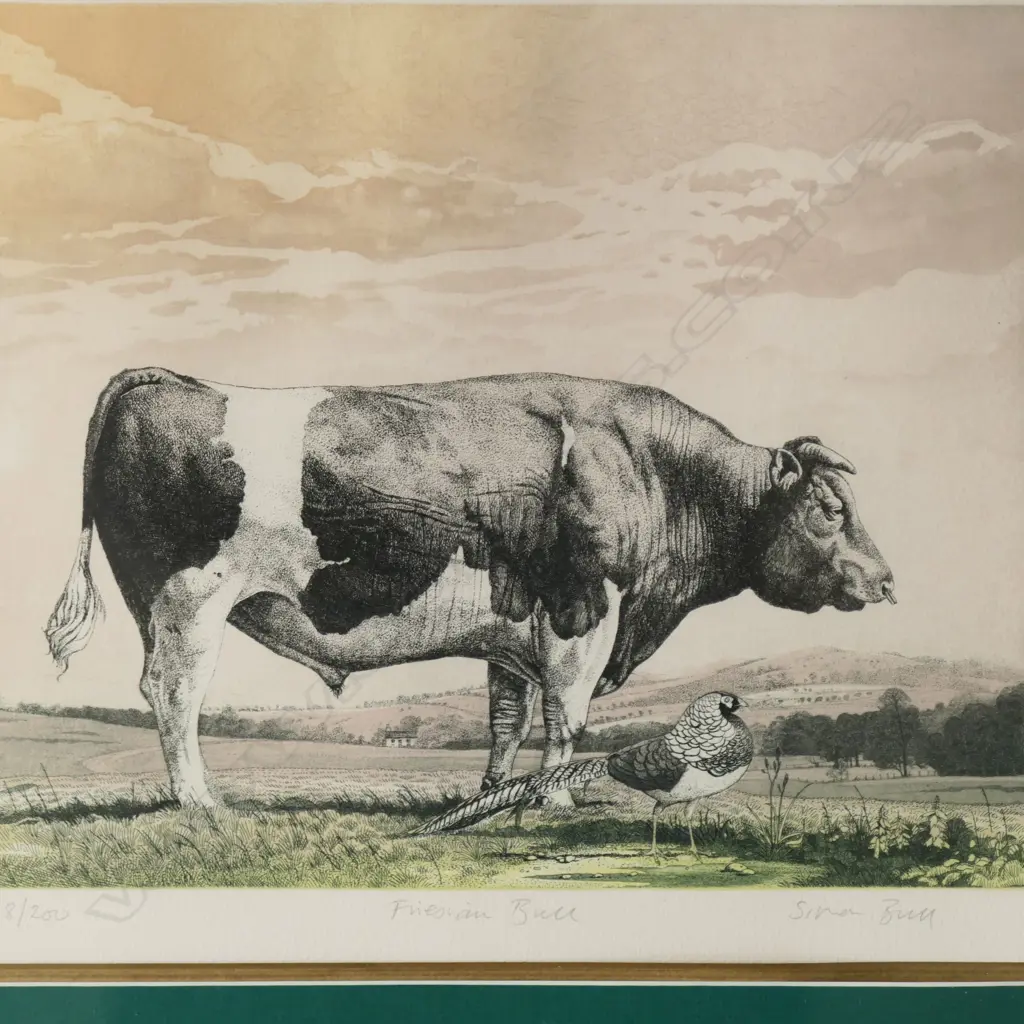SIMON BULL 'FRIESAN BULL' ETCHING 148/200 290x340mm frame veneer losses Image 1++