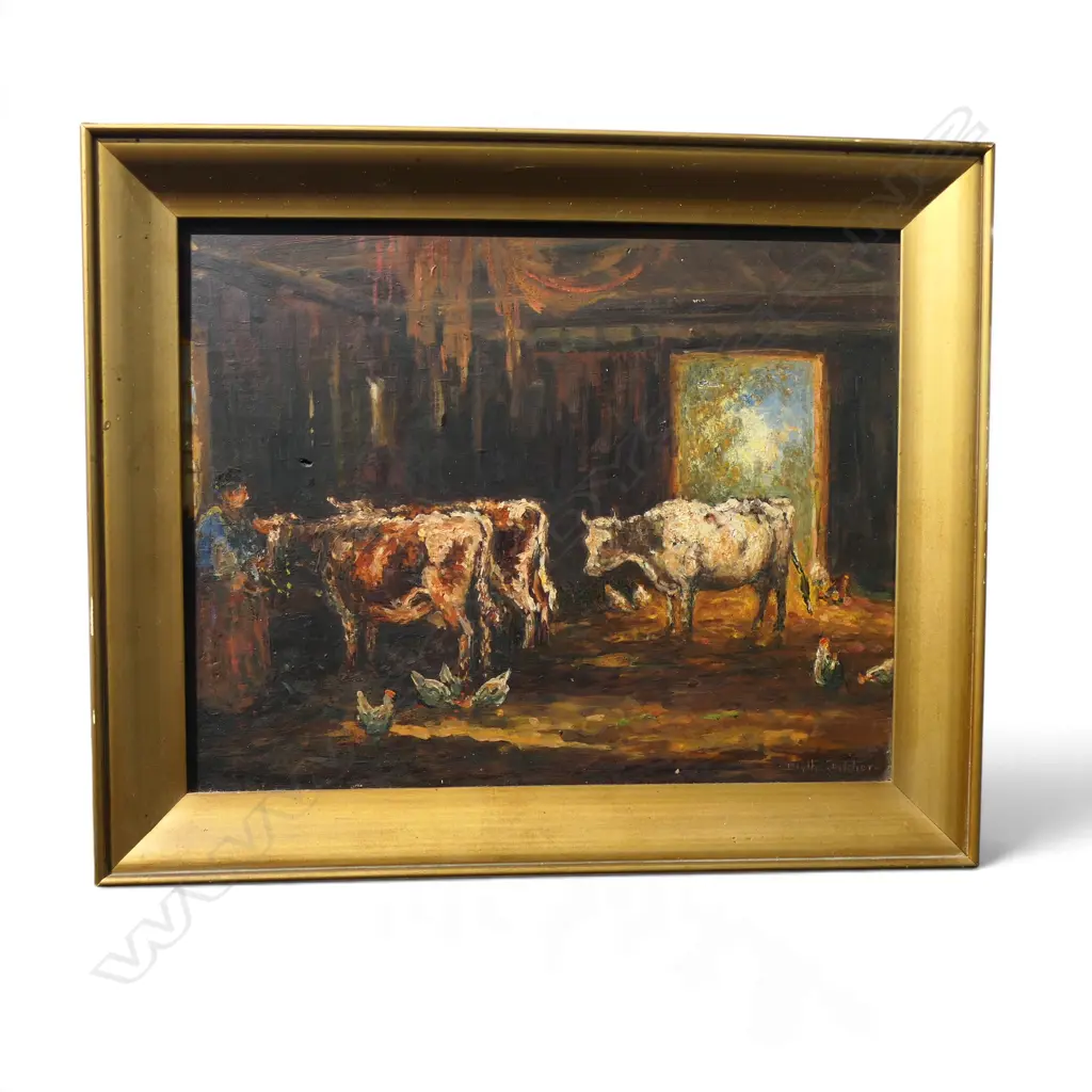 BLYTHE FLETCHER, INTERIOR BARN SCENE w. COWS, OIL ON BOARD 230x295mm (center left fault) Image 1++