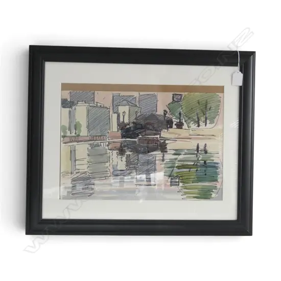 NORMAN SCOTT, WATERFRONT, PEN AND WATERCOLOUR, 280 X 405MM (PURCHASED DUNBAR SLOANE NOV 2024)