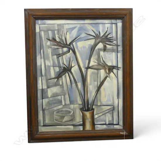ROGER STAPLES, BIRD OF PARADISE STILL LIFE, ACRYLIC ON CANVAS, SIGNED & DATED '01 900x690mm