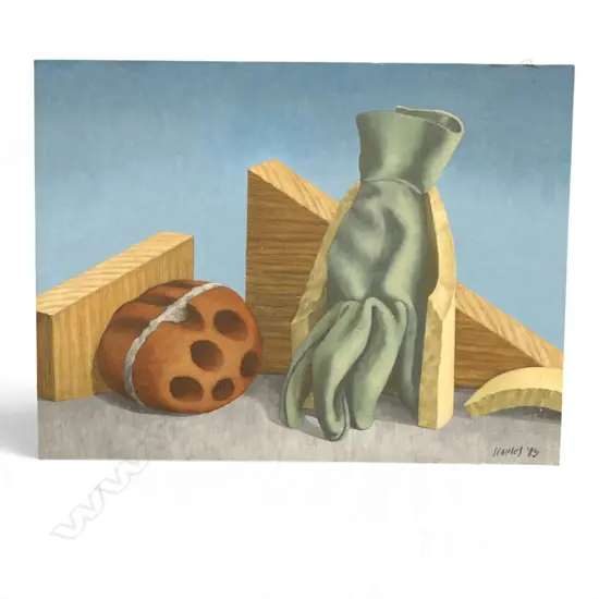 ROGER STAPLES, STILL LIFE w. GLOVE, ACRYLIC ON BOARD, SIGNED & DATED '85 405x535mm