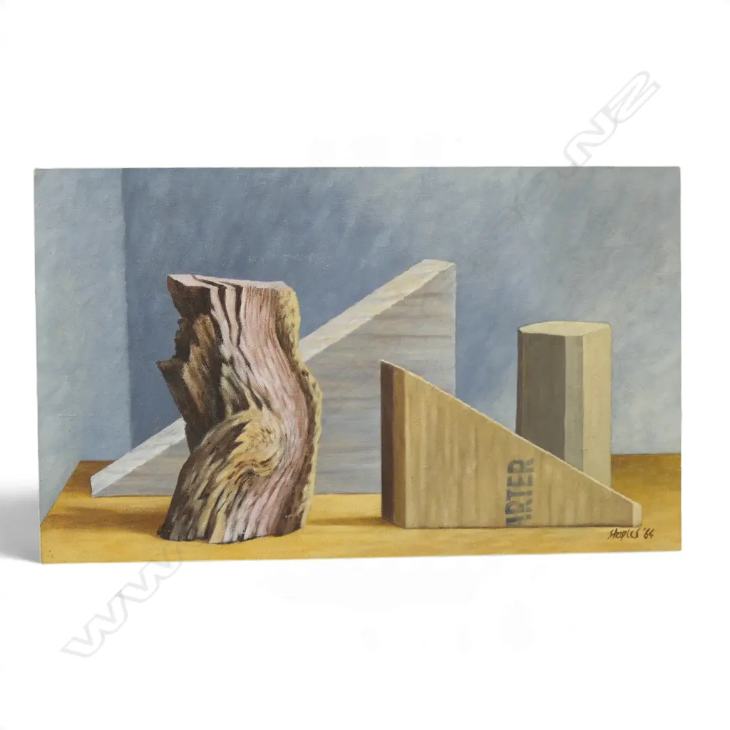 ROGER STAPLES, STILL LIFE w. WOOD, ACRYLIC ON BOARD, SIGNED & DATED '84 365x605mm Image 1++