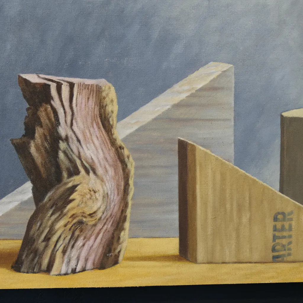 ROGER STAPLES, STILL LIFE w. WOOD, ACRYLIC ON BOARD, SIGNED & DATED '84 365x605mm Image 1++