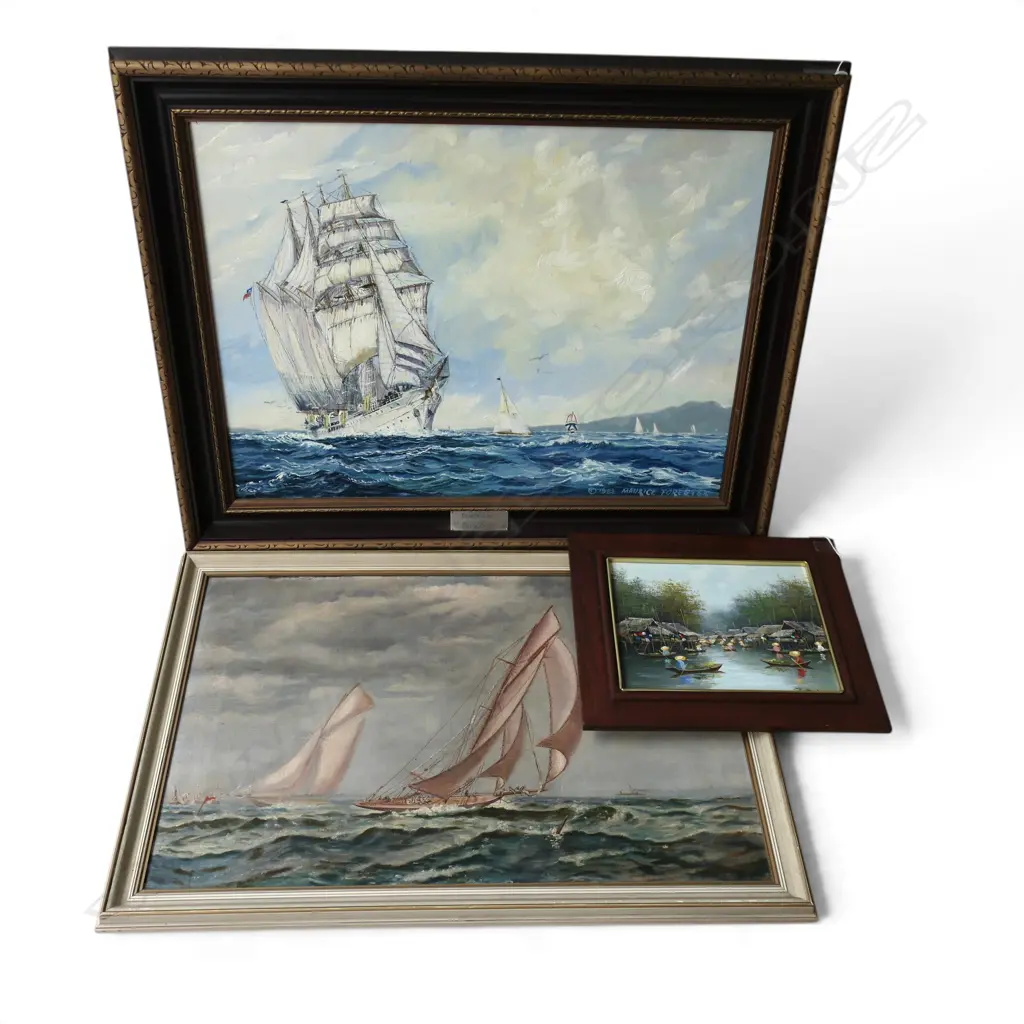 3 ARTWORKS; MAURICE FORESTER 'EMERALDA' ACRYLIC ON BOARD 1983 440x595mm, SAILBOATS, ORIENTAL SCENE 190x240mm Image 1++