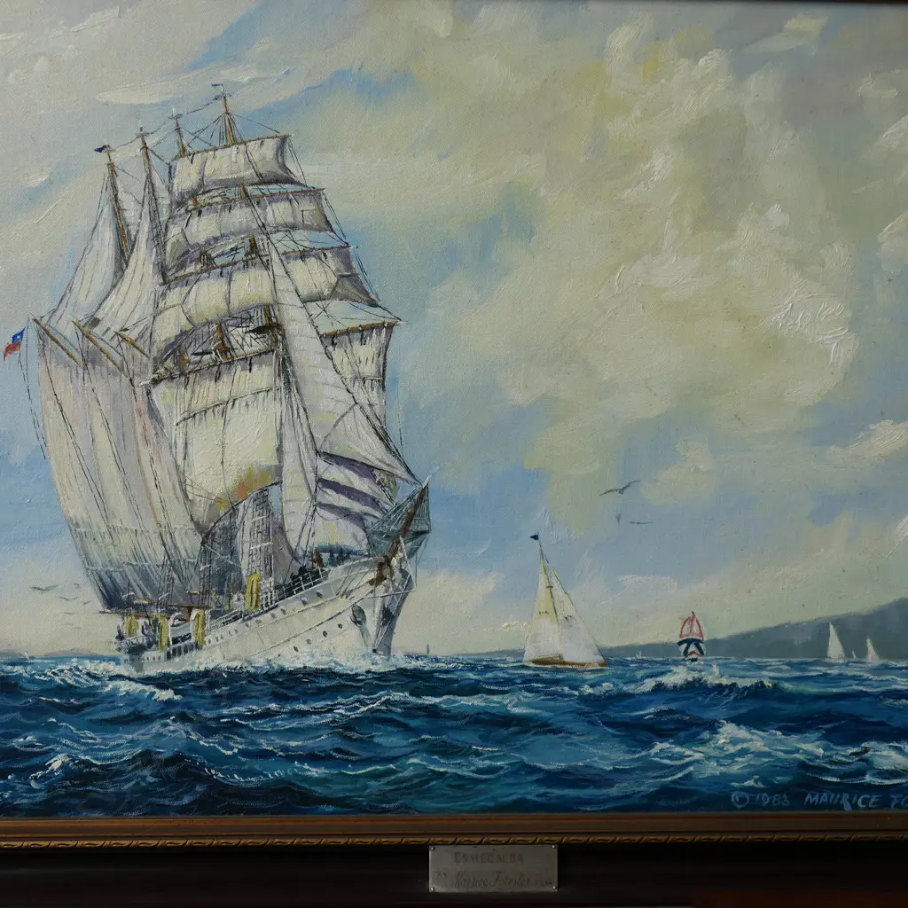 3 ARTWORKS; MAURICE FORESTER 'EMERALDA' ACRYLIC ON BOARD 1983 440x595mm, SAILBOATS, ORIENTAL SCENE 190x240mm Image 1++