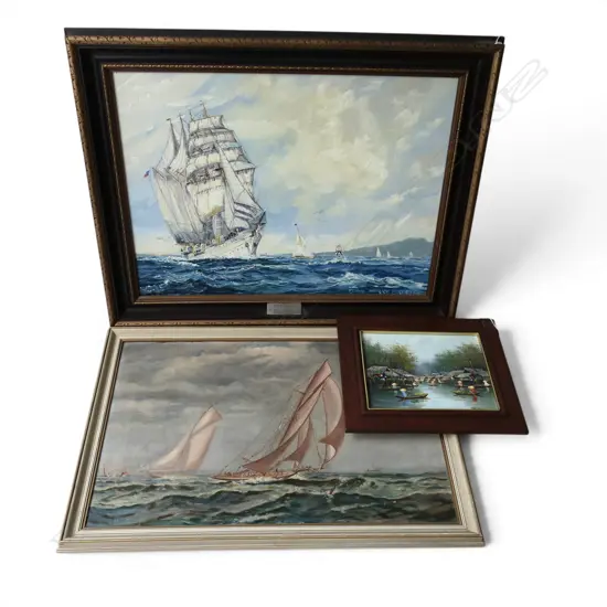 3 ARTWORKS; MAURICE FORESTER 'EMERALDA' ACRYLIC ON BOARD 1983 440x595mm, SAILBOATS, ORIENTAL SCENE 190x240mm