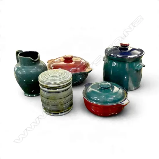 4 PCES DENBY HARLEQUIN (3 LIDDED CONTAINERS + JUG H.190mm) + IRISH PORCELAIN LIDDED CONTAINER H.150mm