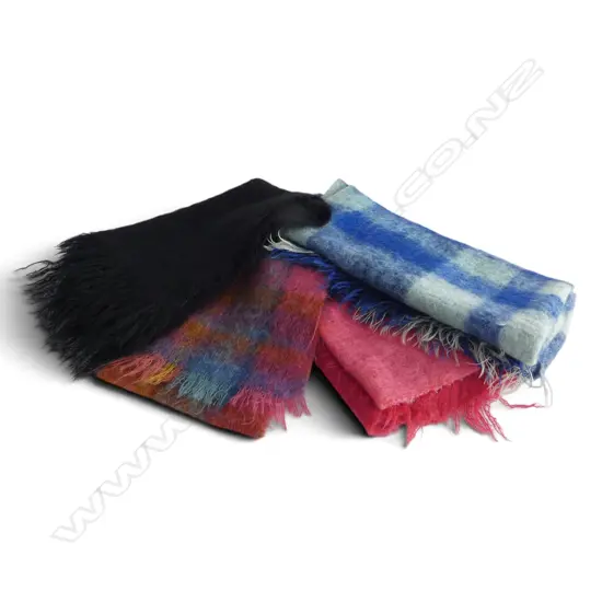 4 VINTAGE MOHAIR SHAWLS; BLACK, PINK, BLUE, MULTICOLOUR