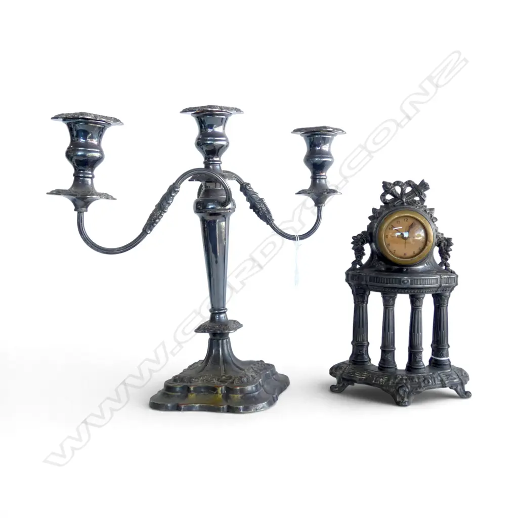 CANDELABRA & SILVER PLATE MANTEL CLOCK H.350mm Image 1++