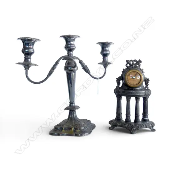 CANDELABRA & SILVER PLATE MANTEL CLOCK H.350mm