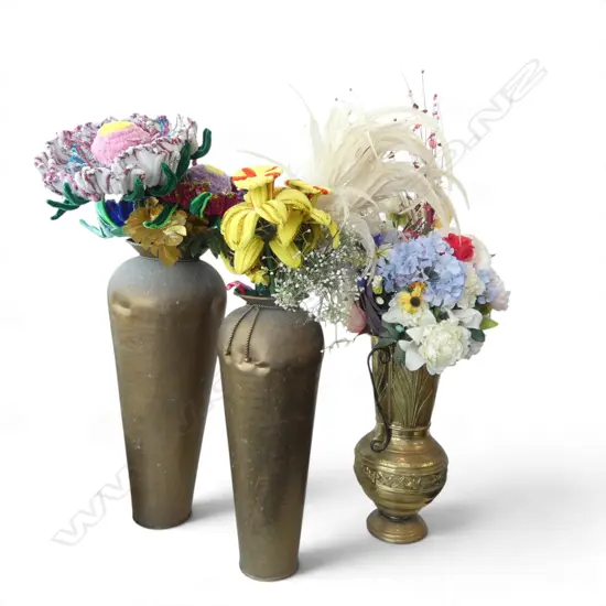 3 LG BRASS VASES (H.750mm) w. FAUX FLOWERS 