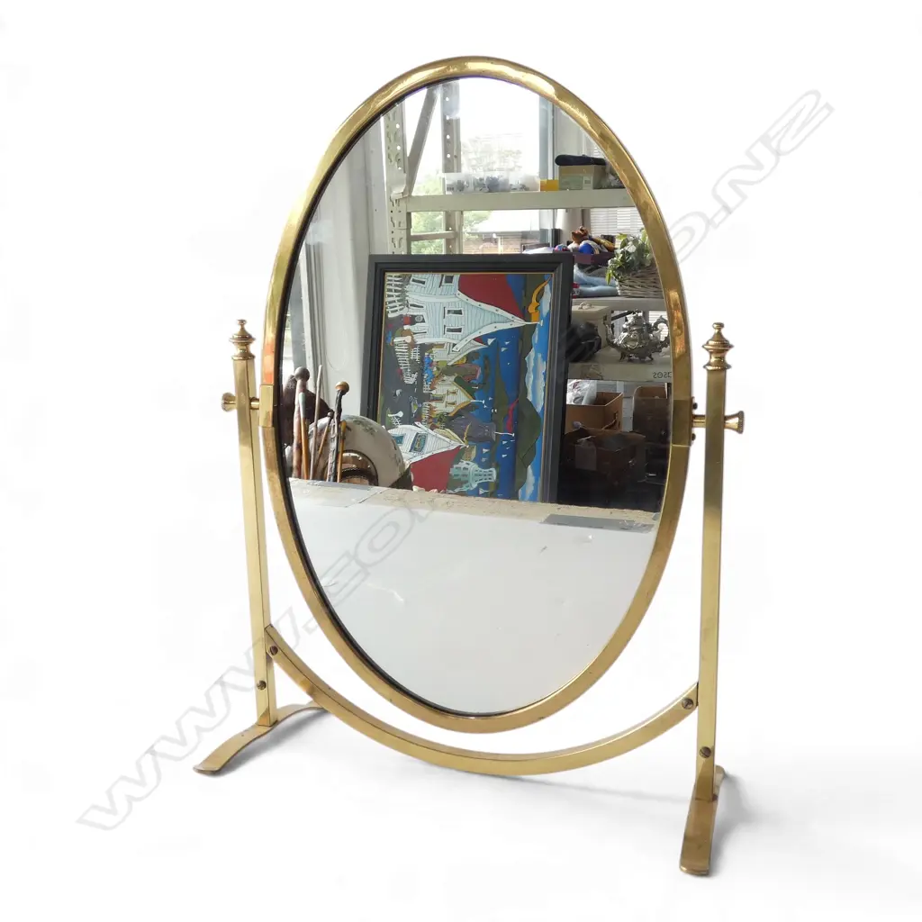 VINTAGE BRASS SWIVEL VANITY MIRROR ON STAND, W.400mm H.520mm Image 1++