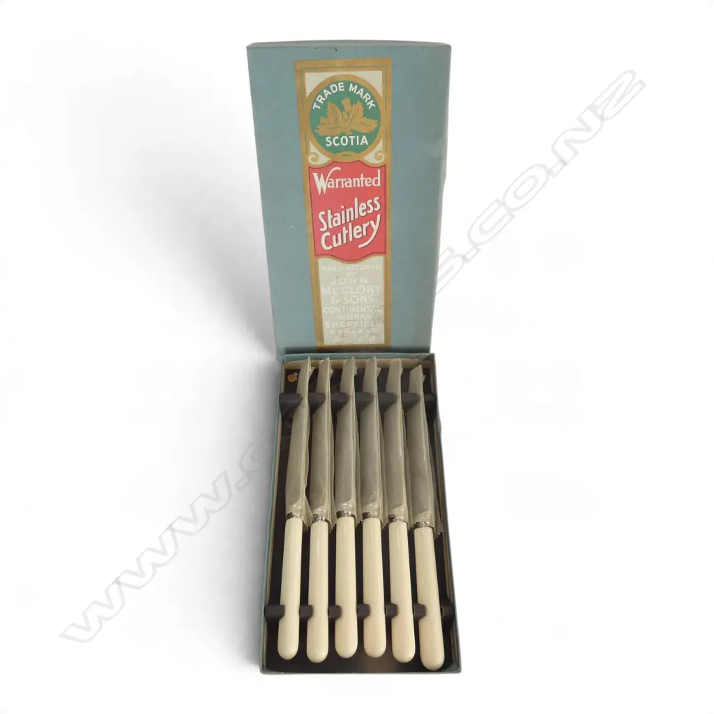 6 'BONE' HANDLE LUNCH KNIVES J. McCLORY SHEFFIELD MINT IN BOX, L.205mm Image 1++