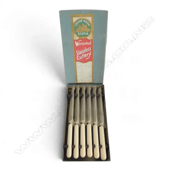 6 'BONE' HANDLE LUNCH KNIVES J. McCLORY SHEFFIELD MINT IN BOX, L.205mm