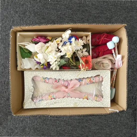 ANTIQUE HAND MADE SILK FLOWERS, VINTAGE HANGERS, SHOE LASTS & BABY SHOES