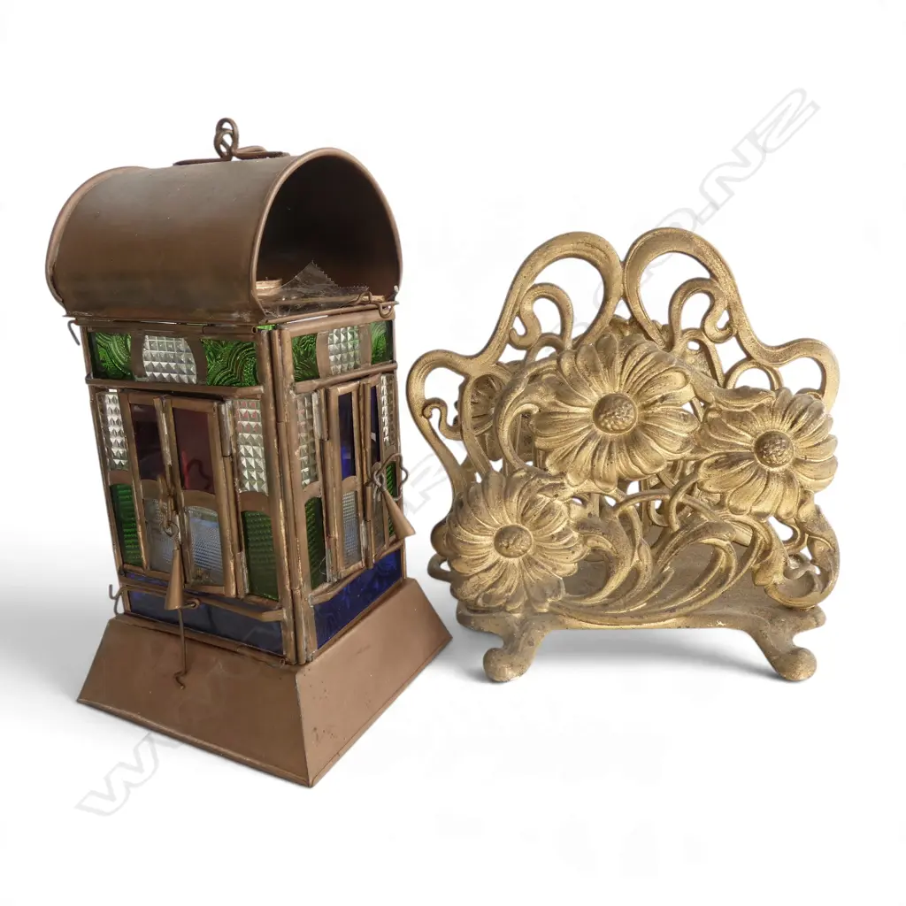 ARTS & CRAFTS COPPER & LEADLIGHT LAMP, H.180m & ART NOUVEAU GILDED CAST LETTER HOLDER possibly re-gilded, H.150mm Image 1++
