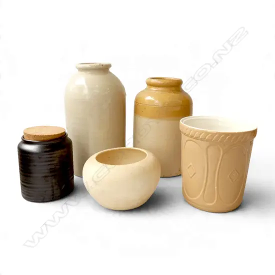 5 POTTERY PCES; 2 CROCKS H.315mm, MASON CASH UTENSILS JAR, TITIAN LIDDED CONTAINER, TIMARU POTTERIES VASE