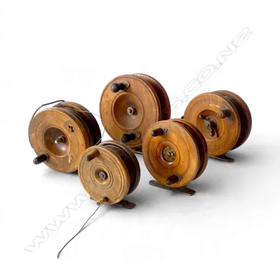 5 WOODEN FLY FISHING REELS 140mm dia