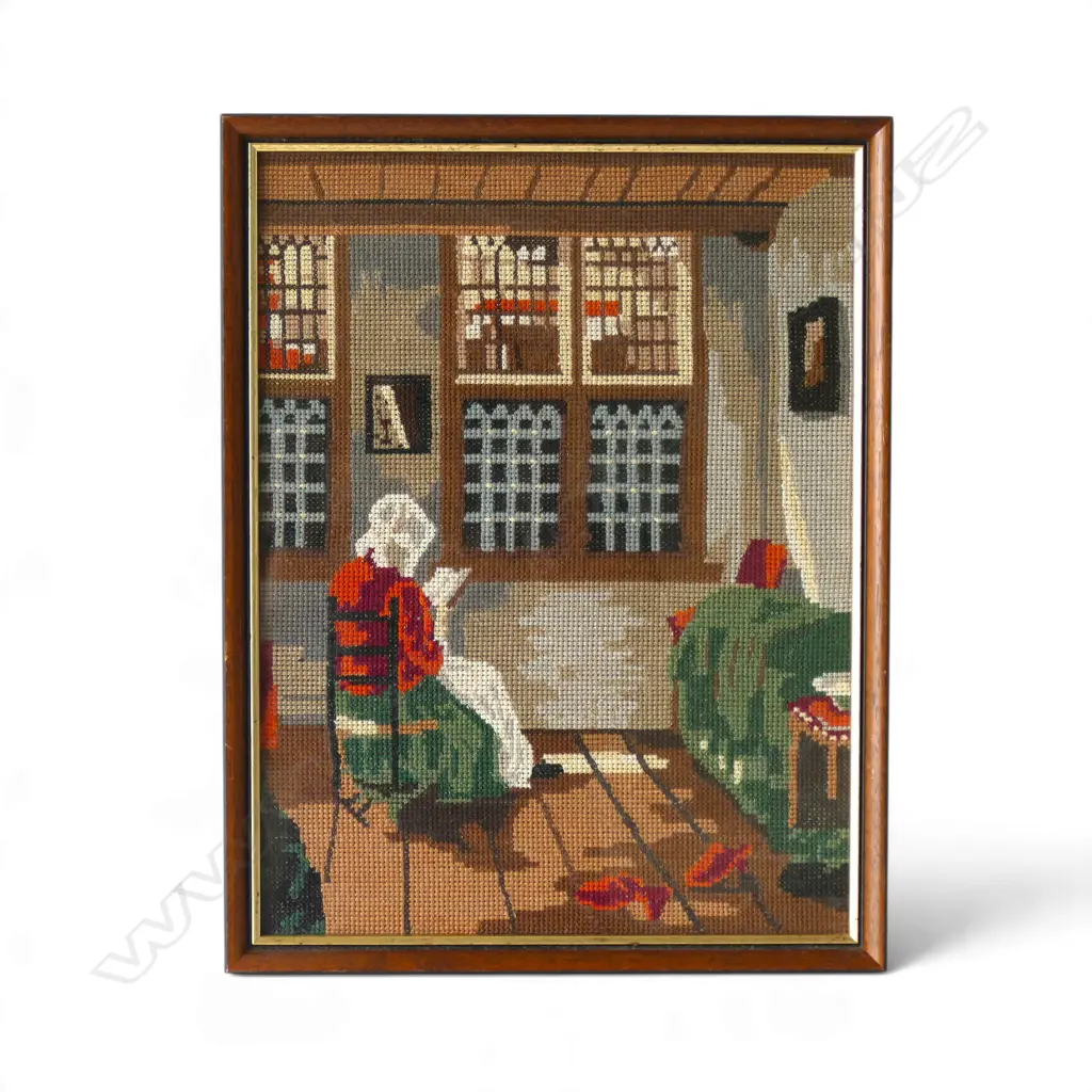 VINTAGE FRAMED WALL ART NEEDLE TAPESTRY " DUTCH PARLOUR", 420 X 330MM Image 1++