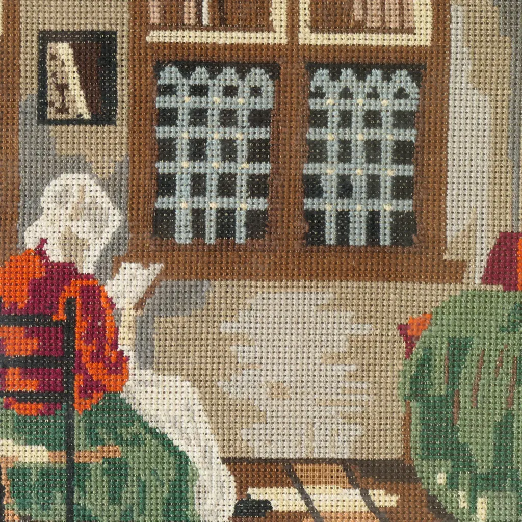 VINTAGE FRAMED WALL ART NEEDLE TAPESTRY " DUTCH PARLOUR", 420 X 330MM Image 1++
