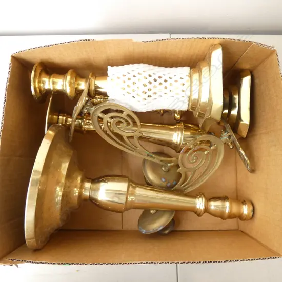 4 BRASS CANDLE STICKS & PIANO SCONCES 