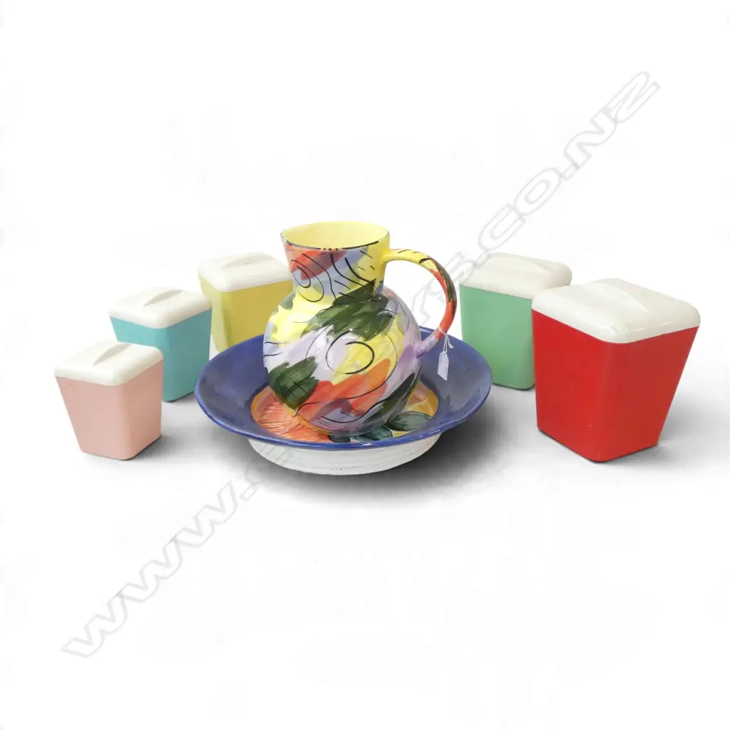 MORRIS & JAMES DISH 405mm dia, CHRISTINE HARRIS JUG, SET OF 5 VINTAGE 'GAY WARE' LIDDED KITCHEN CONTAINERS H.200mm Image 1++