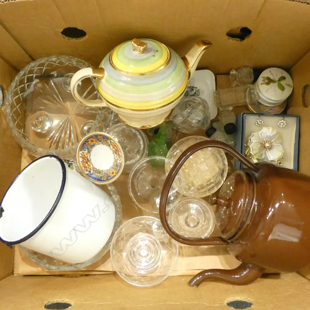 BOX OF ASST. CRYSTAL, ENAMEL WARE, CHINA etc Image 1++