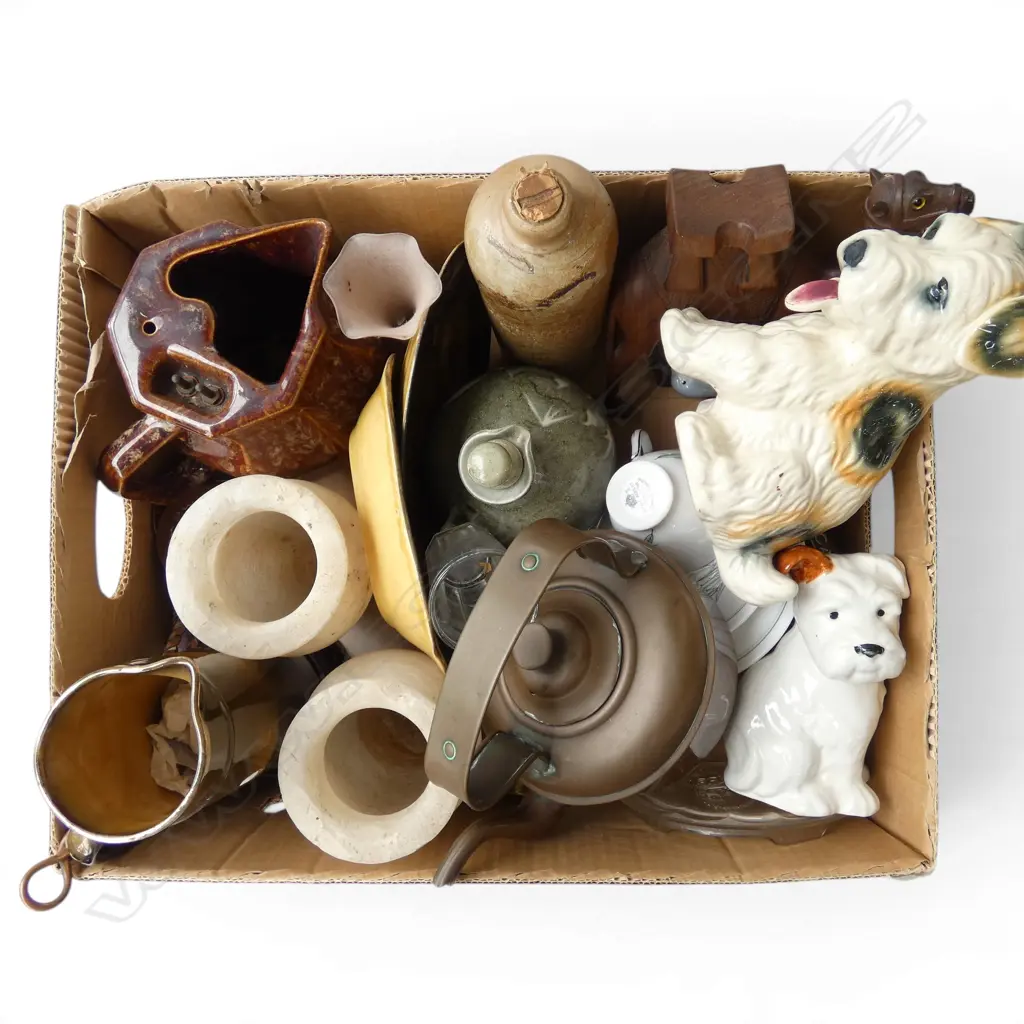 ASST. ITEMS; POTTERY, PR ONYX VASES, RIDGWAYS CHINA, COPPER KETTLE ETC Image 1++