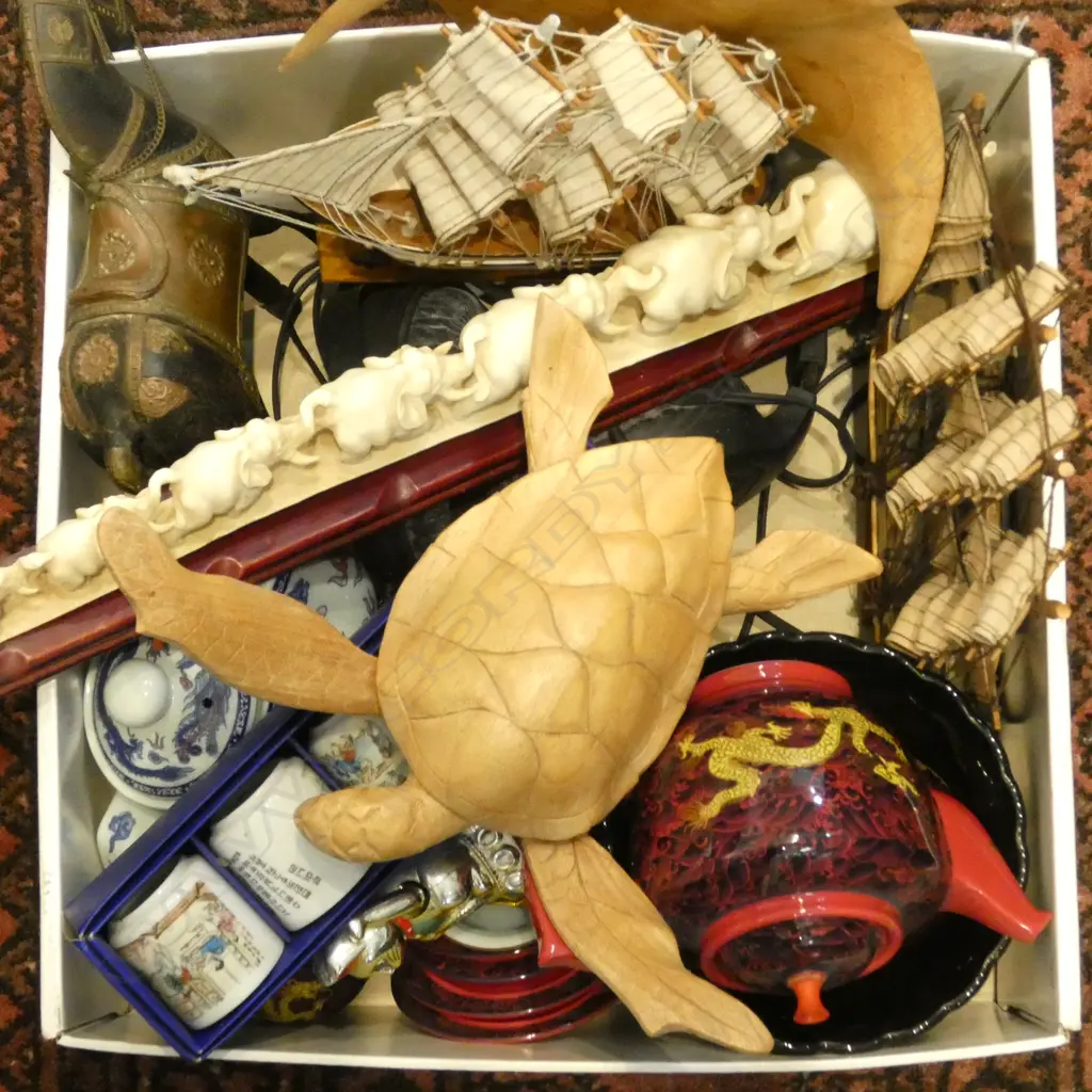 2 MODEL SHIPS, WOODEN TURTLE & STING RAY, CERAMICS ETC Image 1++