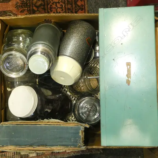 AGEE / BELL JARS, SODA SYPHONS, GREEN METAL LOCK BOX, HALF FULL WORLD POSTCARD ALBUM