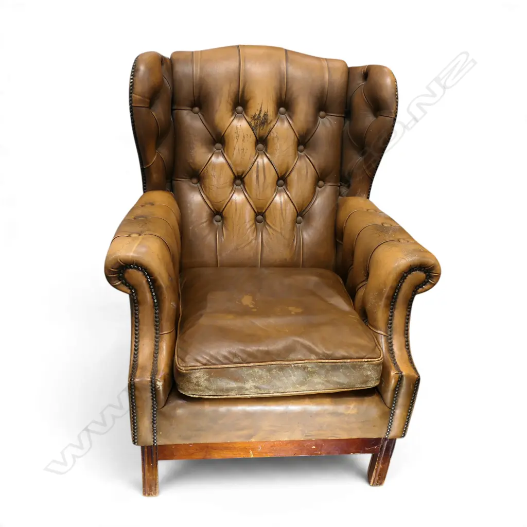 OLD LEATHER WING BUTTON BACK ARMCHAIR leather needs attention H.980mm Image 1++