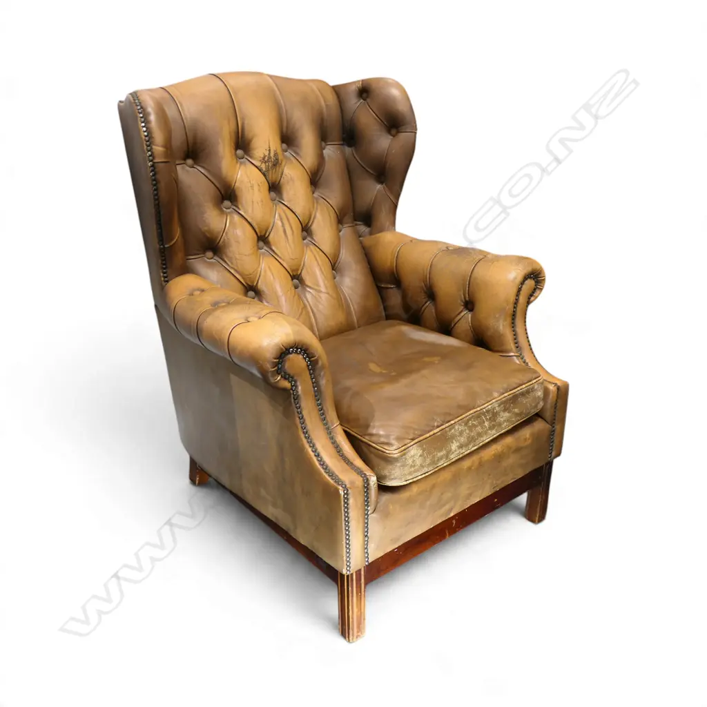 OLD LEATHER WING BUTTON BACK ARMCHAIR leather needs attention H.980mm Image 1++