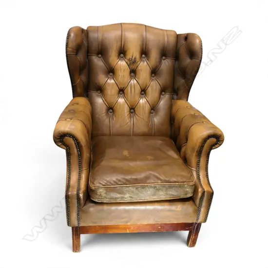 OLD LEATHER WING BUTTON BACK ARMCHAIR leather needs attention H.980mm