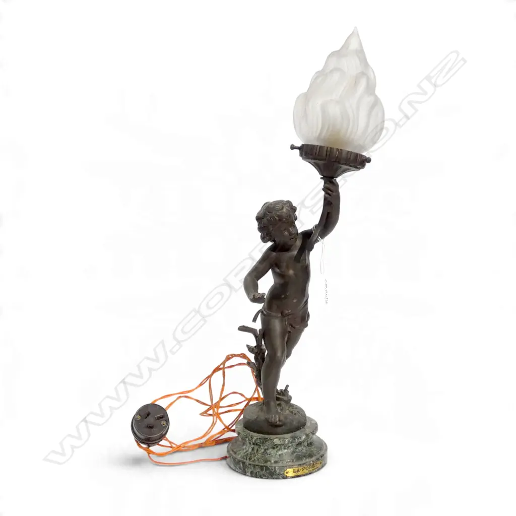 ANTIQUE SPELTER FIGURAL LAMP 'LA FORET' AFTER FERRAND H.450mm FAULTS Image 1++