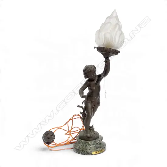 ANTIQUE SPELTER FIGURAL LAMP 'LA FORET' AFTER FERRAND H.450mm FAULTS