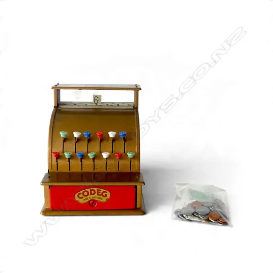 VINTAGE 'CODEG' ENGLAND CHILD'S CASH REGISTER, WORKING, W. MONEY, W.165mm D.180mm H.190mm