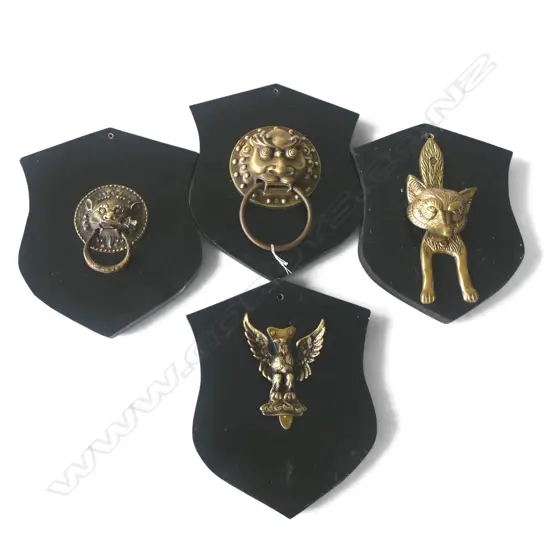 4 BRASS DOOR KNOCKERS ON WOODEN SHIELDS 290x235mm
