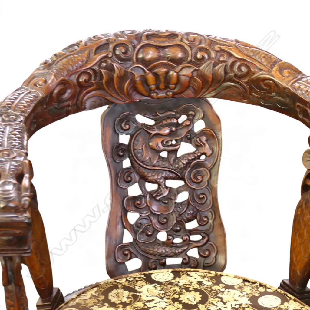 PR ORIENTAL CARVED HARDWOOD CHAIRS 590x600x870mm - 1 w. MARBLE SEAT MISSING Image 1++