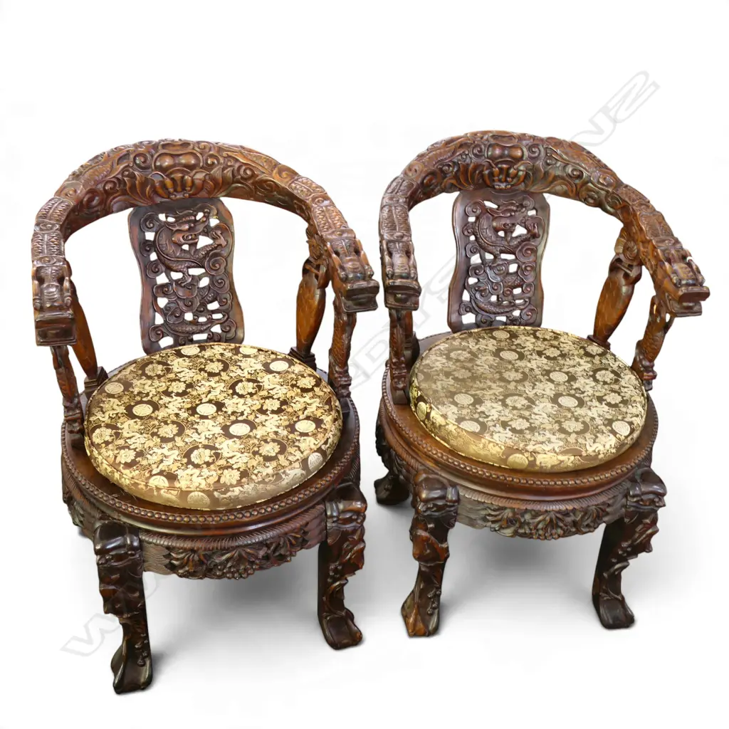 PR ORIENTAL CARVED HARDWOOD CHAIRS 590x600x870mm - 1 w. MARBLE SEAT MISSING Image 1++