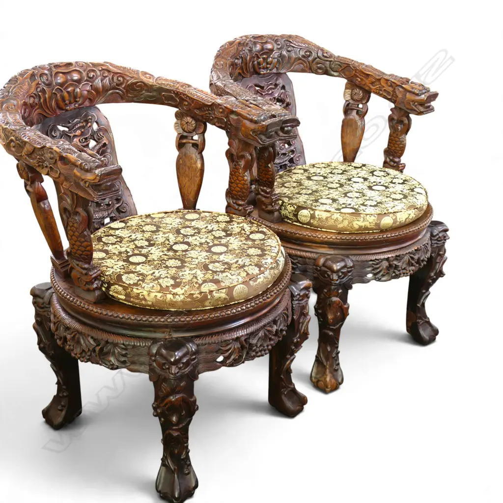 PR ORIENTAL CARVED HARDWOOD CHAIRS 590x600x870mm - 1 w. MARBLE SEAT MISSING Image 1++