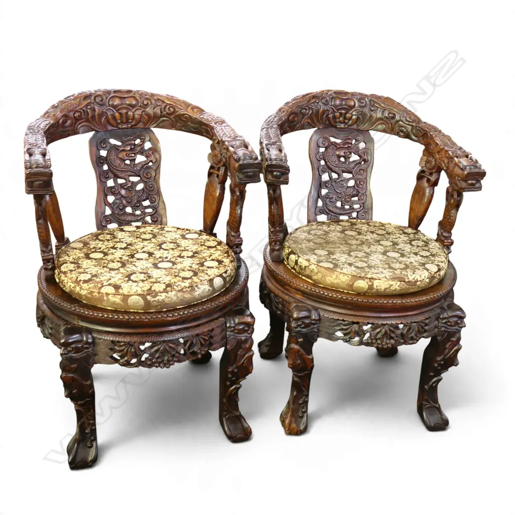 PR ORIENTAL CARVED HARDWOOD CHAIRS 590x600x870mm - 1 w. MARBLE SEAT MISSING Image 1++