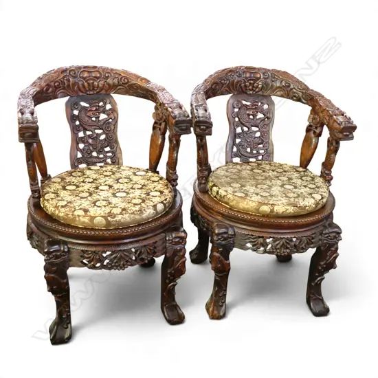 PR ORIENTAL CARVED HARDWOOD CHAIRS 590x600x870mm - 1 w. MARBLE SEAT MISSING