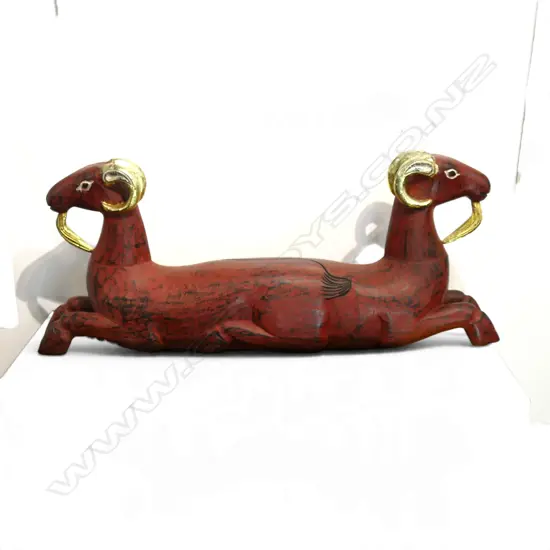 CARVED WOOD DOUBLE HEADED GOAT CREATURE L.1080mm