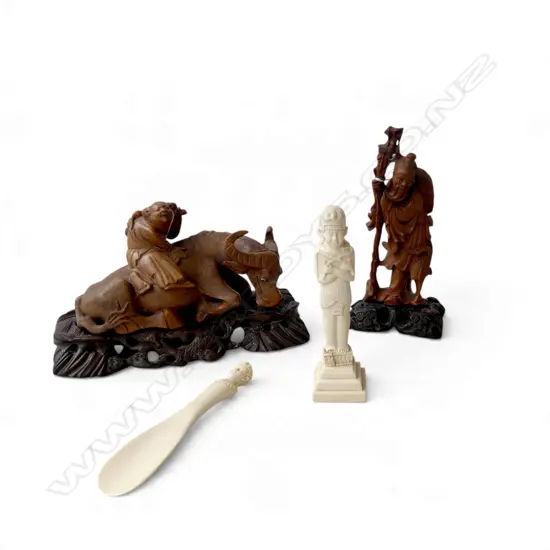 2 ORIENTAL WOOD CARVINGS; FIGURE H.210mm, FIGURE ON OX W.250mm repairs + 2 PCES EGYPTIAN IVORY