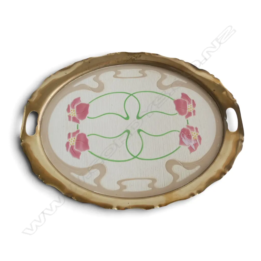 ART NOUVEAU STYLE TRAY w. BRASS HANDLES & FLORAL DESIGN W.530mm Image 1++