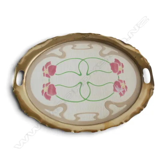ART NOUVEAU STYLE TRAY w. BRASS HANDLES & FLORAL DESIGN W.530mm