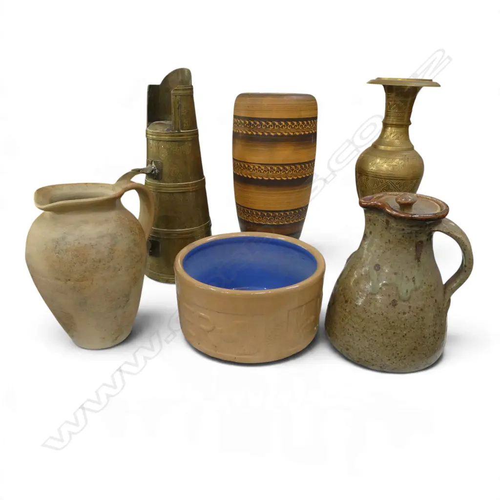 6 PCES; BRASS JUG & VASE H.340mm, GERMAN VASE, 2 STUDIO POTTERY JUGS, MASON CASH DOG BOWL AF Image 1++
