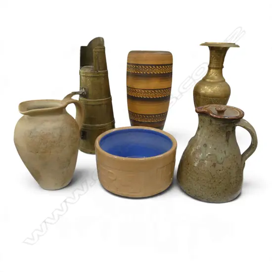 6 PCES; BRASS JUG & VASE H.340mm, GERMAN VASE, 2 STUDIO POTTERY JUGS, MASON CASH DOG BOWL AF